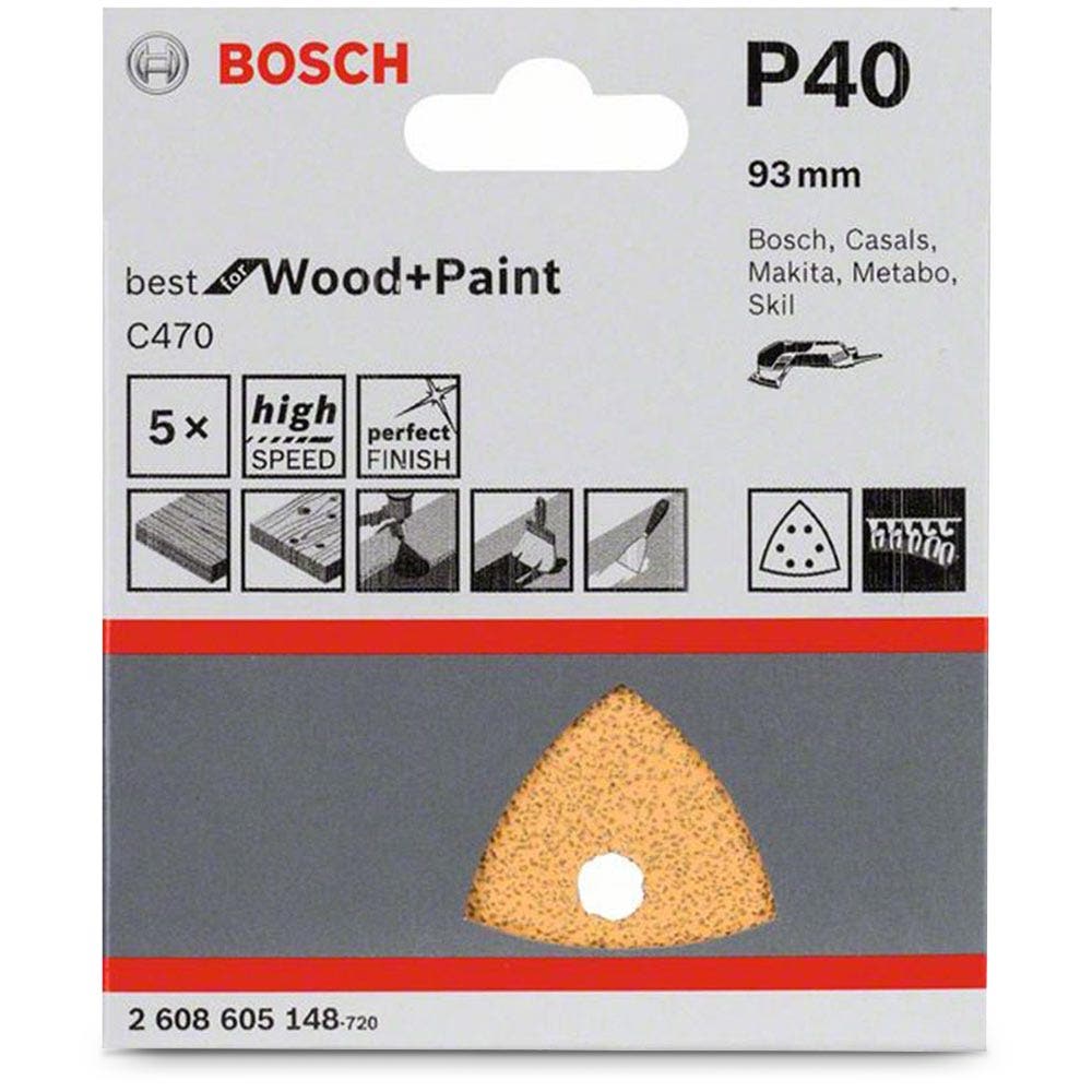 BOSCH Delta sandpapir 93 mm, 40-korning, 6 hull, borrelås, for tre og maling - C470, 5 stk.