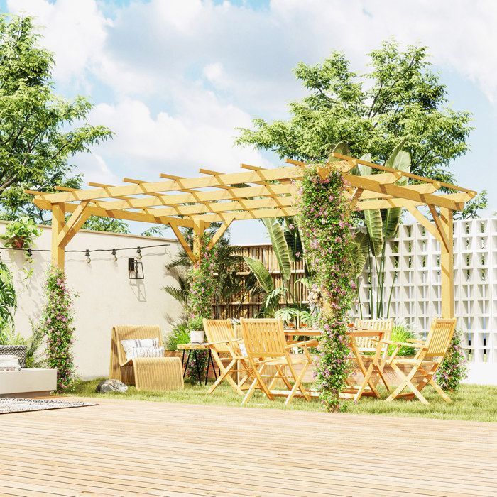 3 x 4 m Gartenpergola für den Außenbereich – Outsunny – Holzpergola – für Kletterpflanzen – Naturholz