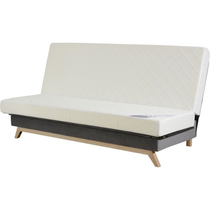 Sofá cama clic-clac de 3 plazas - Colchón DUNLOPILLO de 13 cm de grosor - Espuma de alta resiliencia de 35 kg/m³ - Tejido gris - Fabricado en Francia