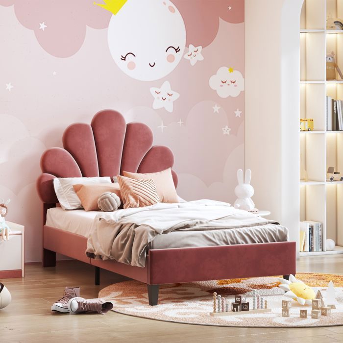 Cama infantil de 90x200 cm con somier de láminas, cama de niña con cabecero en forma de flor, estructura de madera, tela de terciopelo rojo.