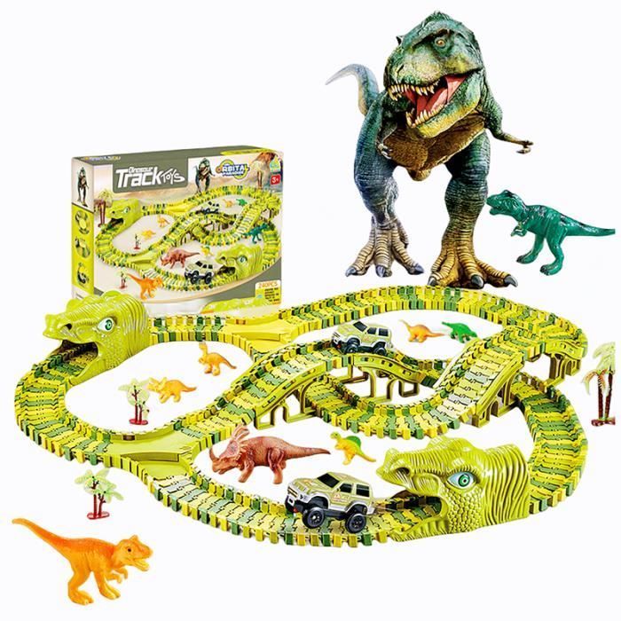 Car Track - AMOUNE - Flexible Dinosaur Car Track - 2 cars - 6 figures - 360° Track