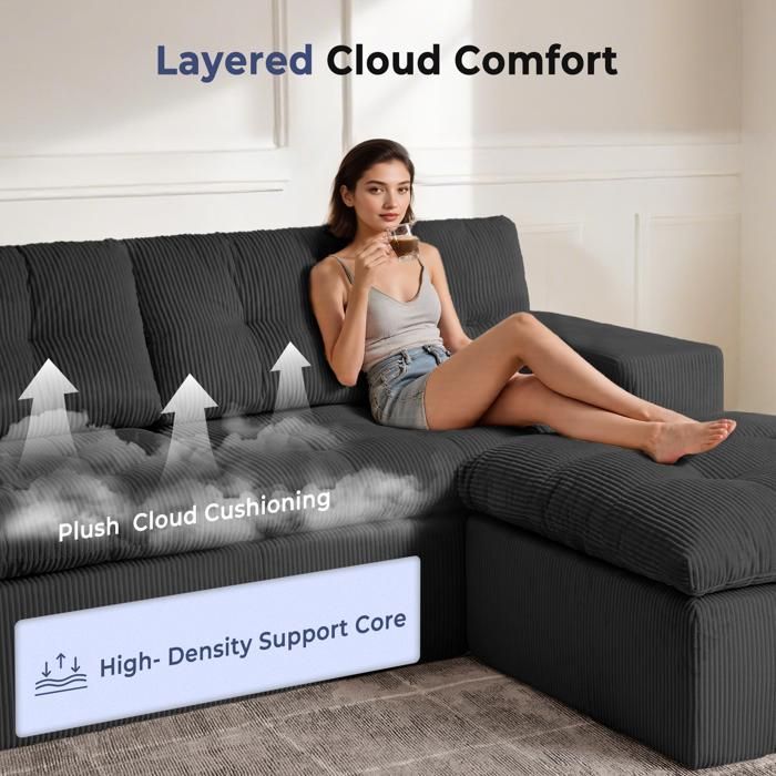Divano angolare nero di dimensioni 215*175*48 cm, con poggiapiedi removibile/convertibile, moderno divano Cloud a forma di L con seduta profonda