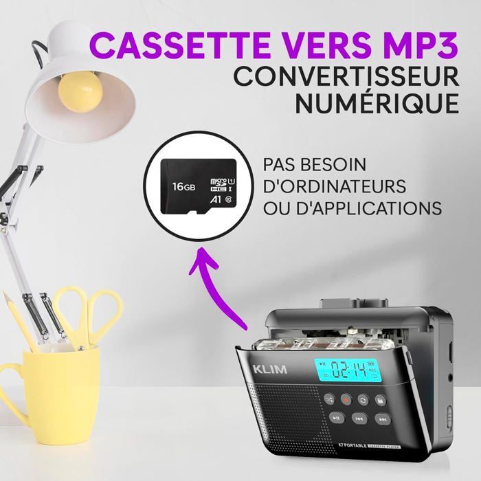 Cassette Player K7 - Lecteur Cassette Audio - Convertisseur Audio en MP3 - Microphone et Haut-Parleur intégrés - Carte SD 16GB
