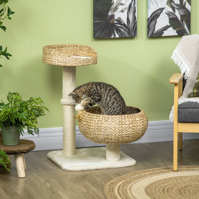 Arbre à chat - PawHut - griffoir 2 niveaux hauteur 72 cm poteau sisal niche plateforme - peluche - beige
