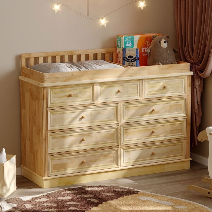 Massief houten babycommode, ergonomische commode met 9 lades, 140x48x102 cm, naturel, babykamer