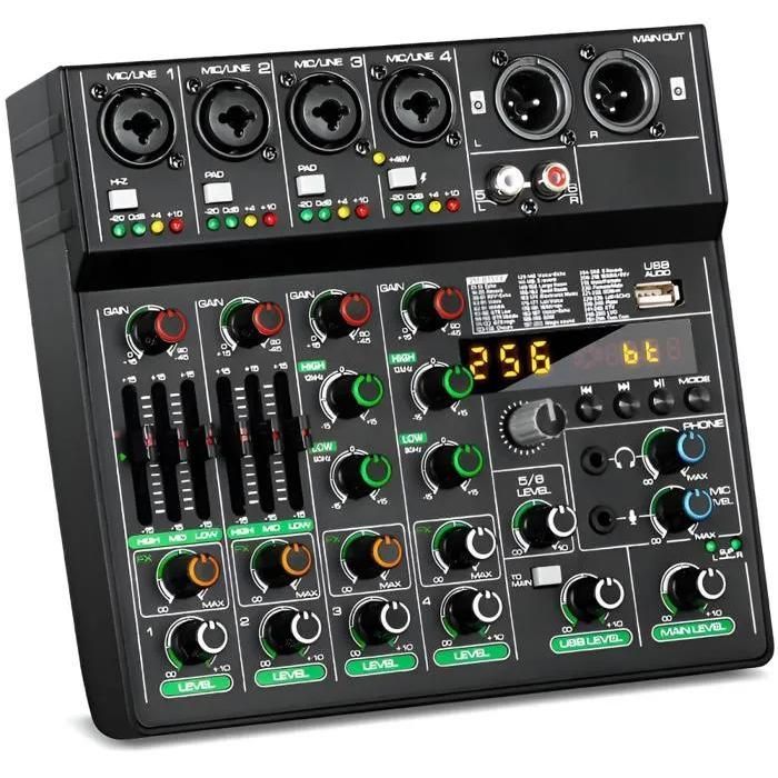 Mezclador de audio de 4 canales con Bluetooth, USB, tarjeta de sonido integrada, 256 efectos HD, consola de estudio, grabación en directo, negro.