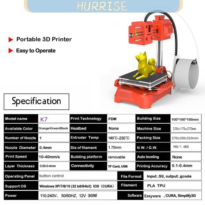 Stampante 3D HURRISE Easythreed, macchina da stampa per bambini, mini desktop, 100x100x100mm, spina UE, arancione