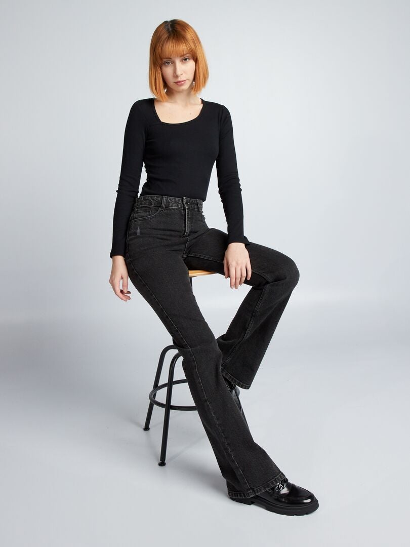 Geribbelde bodysuit met asymmetrische halslijn - zwart