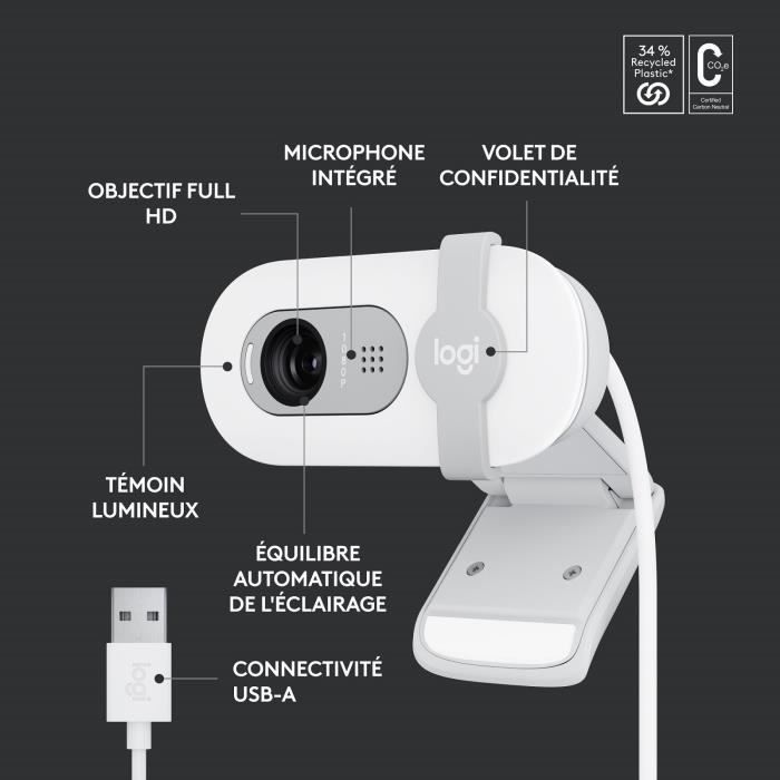 Cámara web Full HD 1080p - Logitech - Brio 100 - Micrófono integrado - Blanca