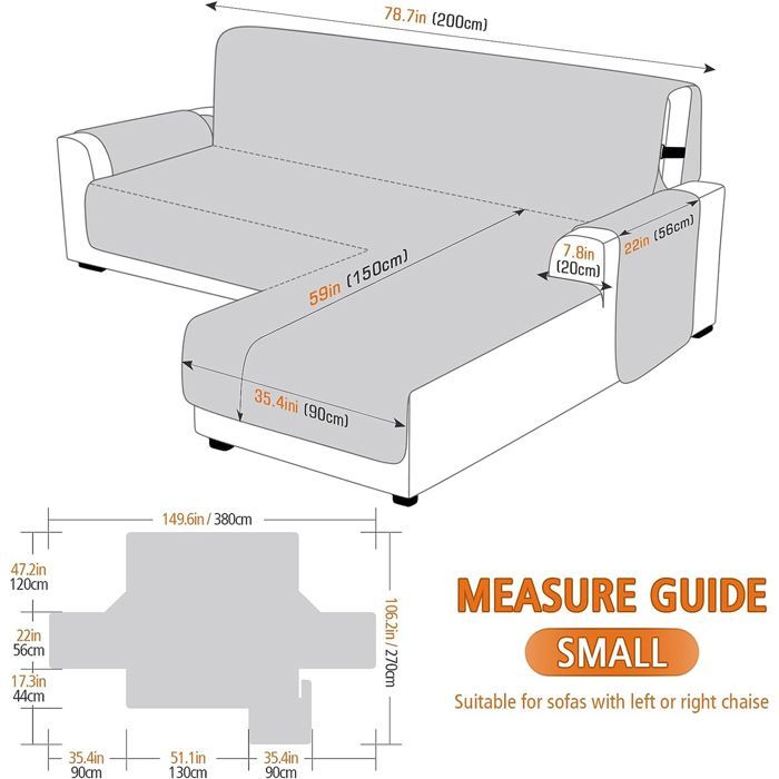 100% Waterproof Reversible Corner Sofa Cover, 200cm Length, Grey, Stain and Scratch Resistant, Secure Fastening