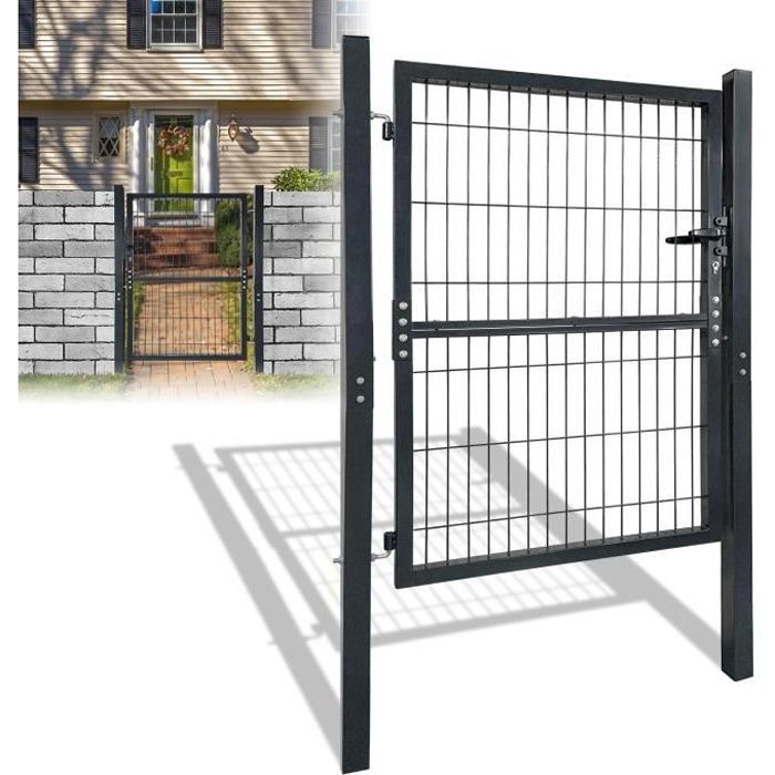 LILIIN 125x100cm Tuinpoort van gaas - Antracietkleurig staal - Met slot, handgreep en sleutels