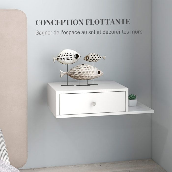 Lot de 2 tables de chevet murales - HOMCOM - lot de 2 tables de nuit - étagère latérale et tiroir - 55l x 30P x 15H cm - MDF blanc