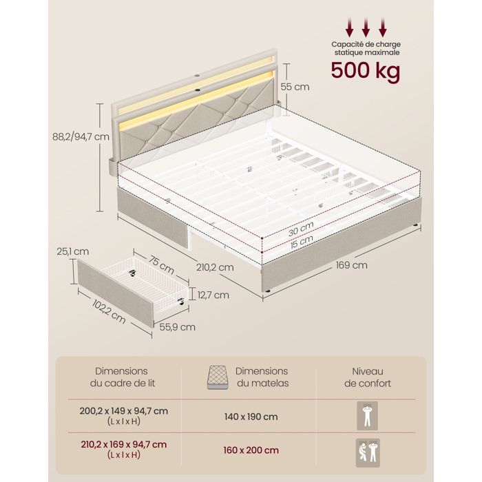 Letto matrimoniale - VASAGLE - Illuminazione LED integrata - 4 cassetti - Beige cappuccino