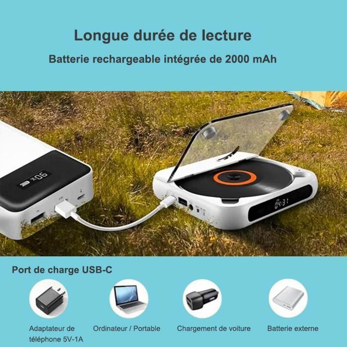 Reproductor de CD portátil con Bluetooth 5.3, batería recargable de 2000 mAh, reproductor de CD/MP3 con USB, salida AUX de 3,5 mm, sonido Hi-Fi, ultrafino, blanco.