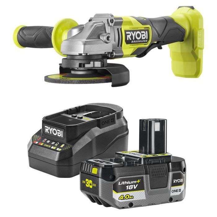 RYOBI - Amoladora angular sin escobillas - 18 V - 125 mm - 8000-9200 RPM + 1 batería de 4 Ah + cargador - RC18120B-140X