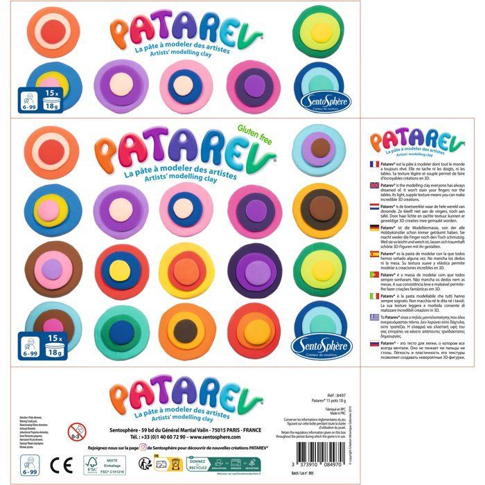Self-hardening modeling clay - SENTOSPHERE - Patarev - Box of 15 x 18g pots - Various colors - Ages 8+