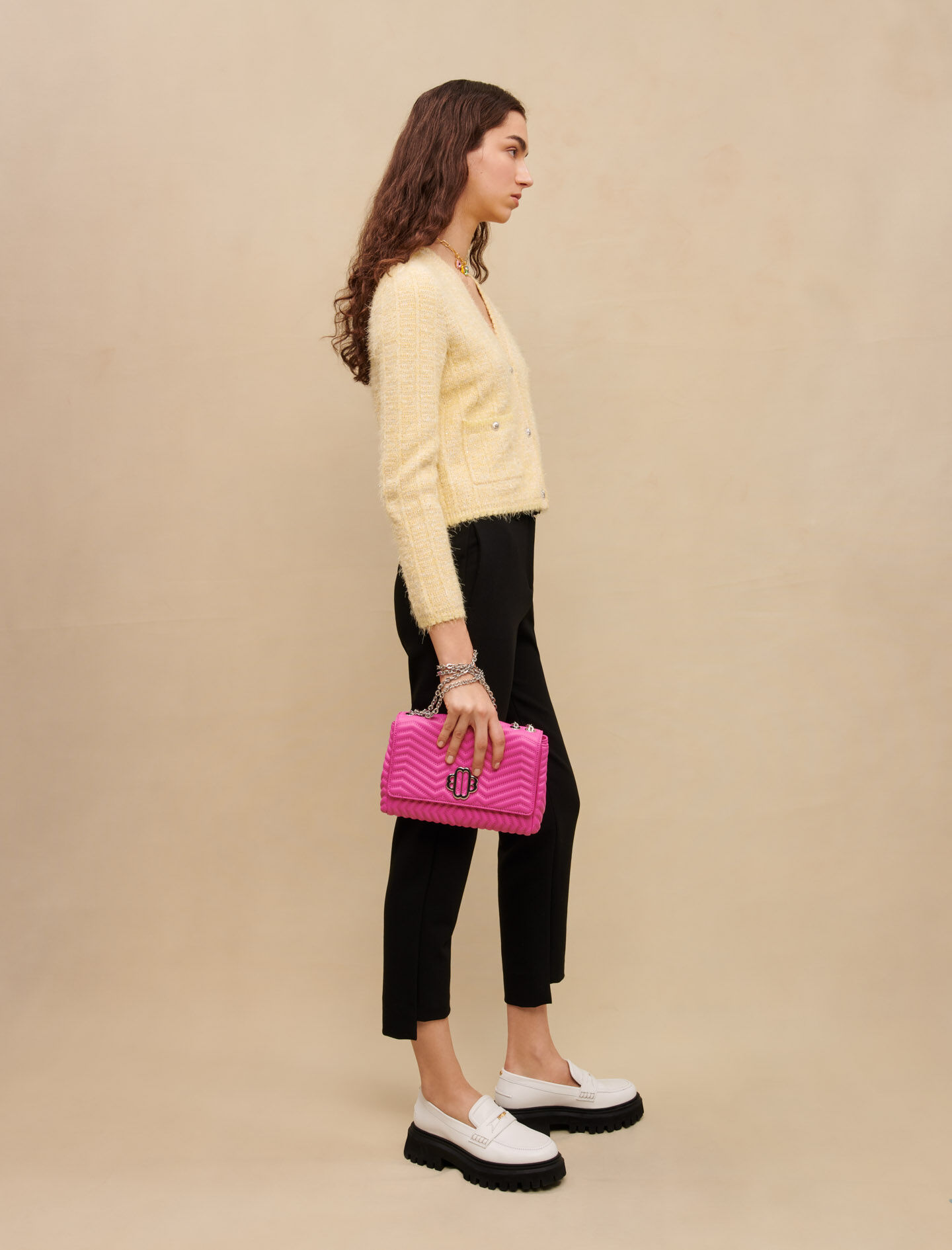 Leren handtas met ketting - Fluorescerend roze