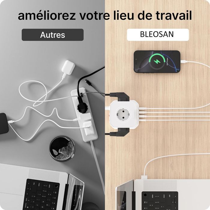 Regleta cúbica 9 en 1 con USB, 5 tomas de corriente europeas, 3 puertos USB-A y 1 puerto USB-C, 4000 W, con interruptor y cable de extensión de 2 m.