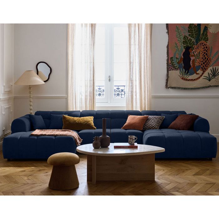 Ray – 7-Sitzer-Panoramasofa in U-Form mit strukturiertem Stoffbezug – Blau