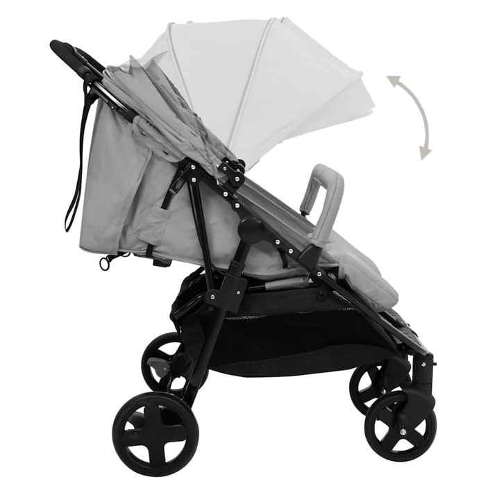 Double stroller - vidaXL - Light grey and black - Steel - 5-point harness - Foldable