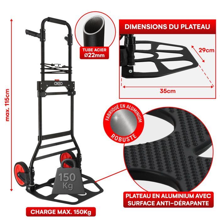Carretilla plegable de 150 kg - Tubo de acero - Ruedas antipinchazos - Diseño compacto - Altura 115 cm - Plataforma de aluminio antideslizante de 35 x 29 cm
