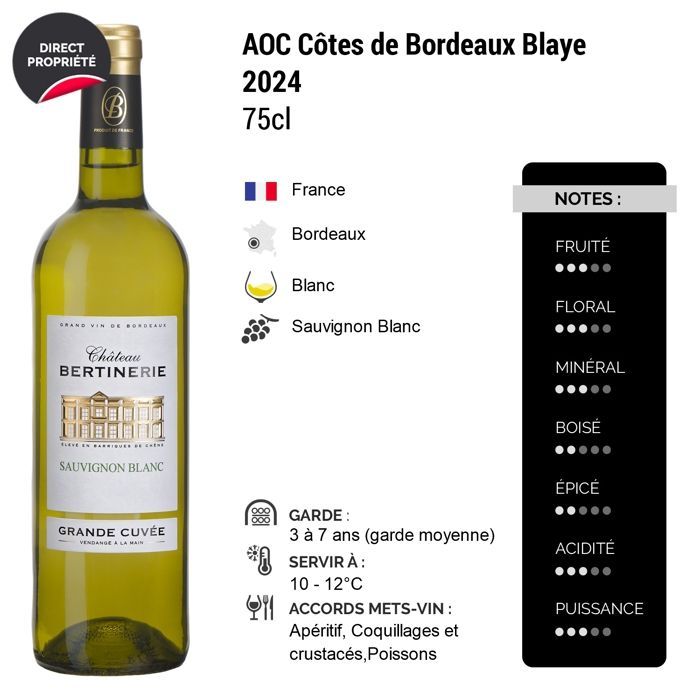 Château Bertinerie Grande Cuvée 2024 - Côtes de Bordeaux Blaye - Vino Blanco Burdeos (3x75cl)