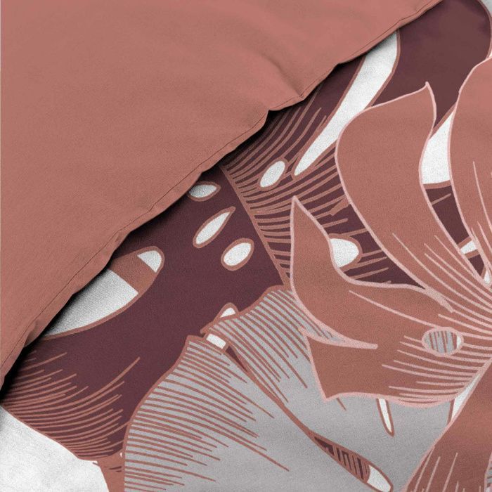 Funda nórdica ASTRIA de 240 x 220 cm – 100 % algodón, 42 hilos/cm² + 2 fundas de almohada de 63 x 63 cm, estampado tropical terracota/burdeos.