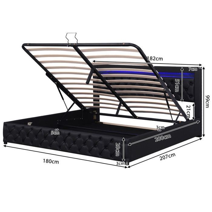 Letto matrimoniale 180x200 cm - PU - Illuminazione a LED - Sistema di contenimento idraulico - 2 posti nero