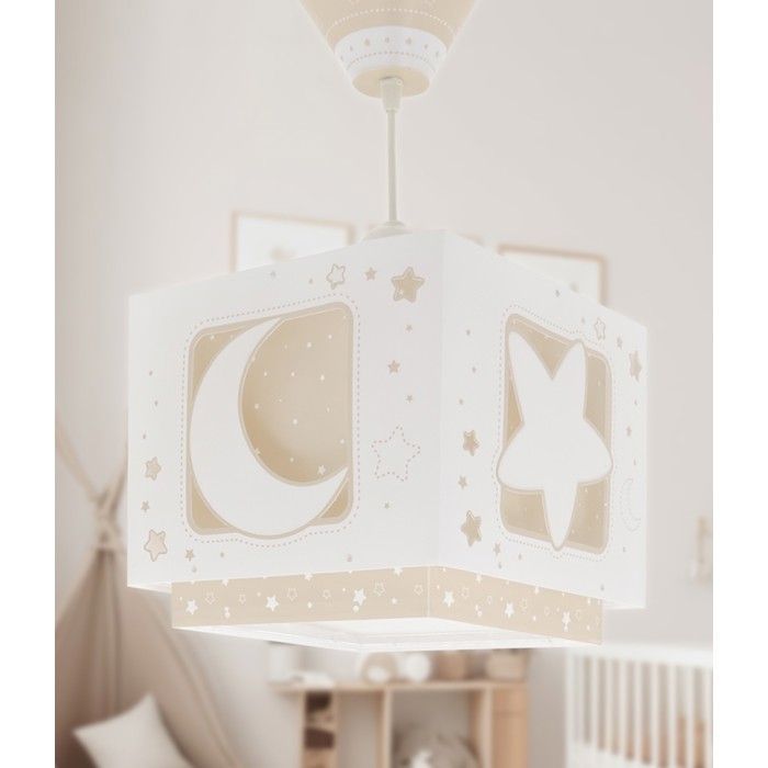 Lustre e luminária pendente infantil Dalber Moonlight, com lua e estrelas, bege.