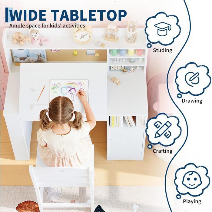 Kinderbureau met stoel - 97x47x101 cm - 1 kast met deur + boekenplank bovenop + prikbord - wit