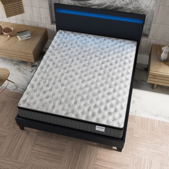 Colchón y cama (140x200cm) - Elekctra 30cm Muelles ensacados y espuma viscoelástica + Base de láminas estable y cabecero LED Negro