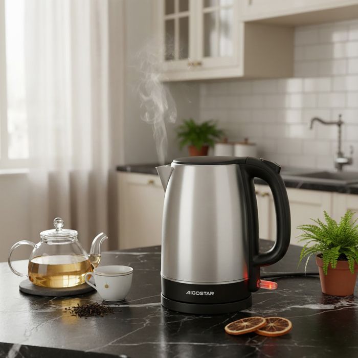 Aigostar Milo Stainless Steel Electric Kettle, 1.7L 2200W Kettle with Anti-limescale Filter, Automatic Shut-Off, BPA-Free, Black