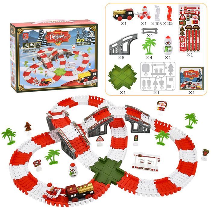 Circuit Voiture Enfant Jouet Noël, MARSEE 233 Pièces Pistes Flexibles avec Train Électrique, Cadeau de Noël pour Garçons 3-8 Ans