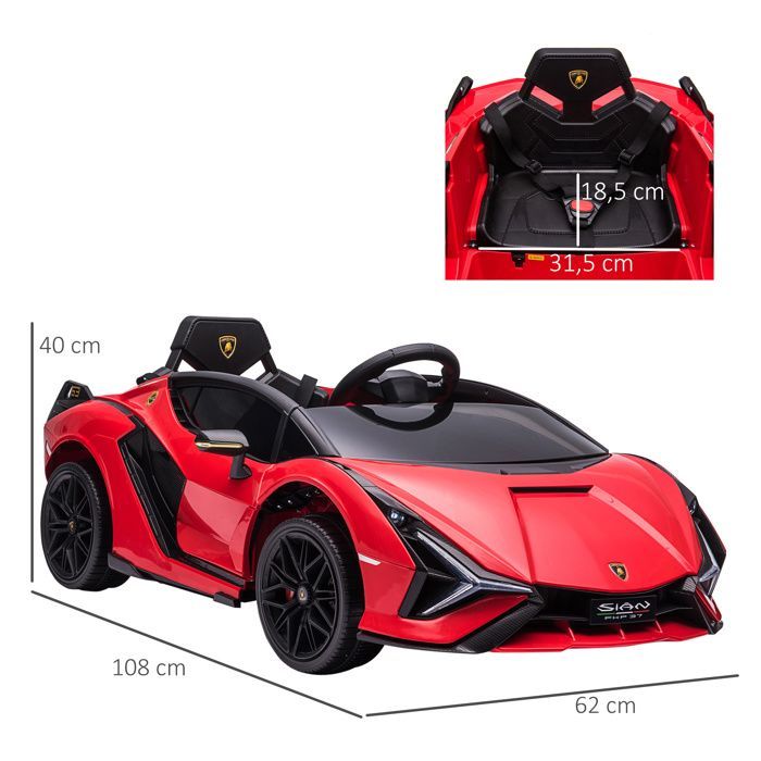 Coche eléctrico infantil - HOMCOM - Lamborghini Sian 12V con mando a distancia 2.4G, efectos de sonido y luces LED - ABS - Rojo