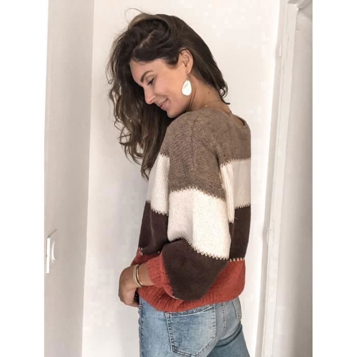 Pull Femme Chic Chaud Rayé - FINDPITAYA - Hiver - Col Rond - Manche Longue - Gris