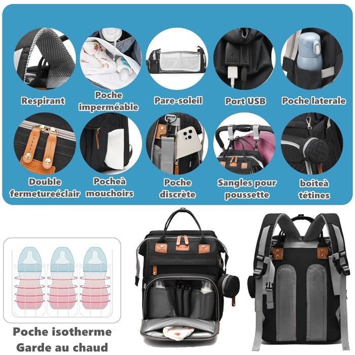 Luierrugzak met aankleedmatje – Waterdichte, multifunctionele luiertas met grote capaciteit, reistas in zwart