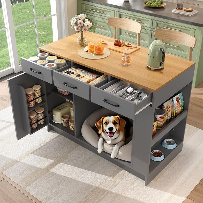 Buffet De Cuisine Îlot cuisine 3 tiroirs avec étagère à épices, 120×60×90 cm, gris