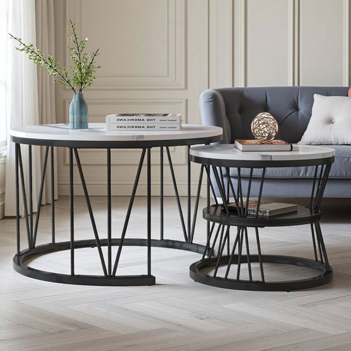 Salontafel voor de woonkamer - Marmerhout en metalen poten - Stapelbare salontafel - Rond - D 70/45 x H 45/40 cm - Zwart en wit