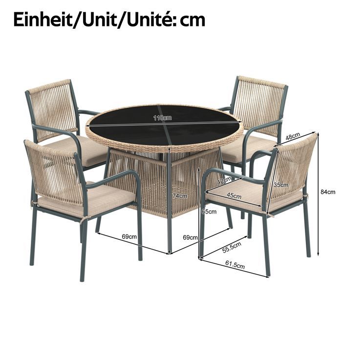 Conjunto de jardín moderno de ratán – Mesa redonda de cristal + 4 sillones, estructura de hierro, para patio o balcón – GRIS