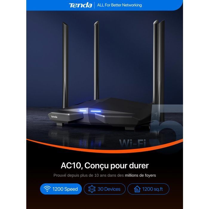 Router WiFi Dual Band AC1200 - Tenda AC10 - Porte Gigabit - Tecnologia Beamforming