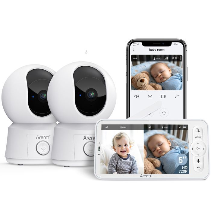 Monitor para bebés ARENTI con 2 cámaras, videoportero para bebés con conexión a smartphone, monitor de vídeo para bebés 1080P con VOX.