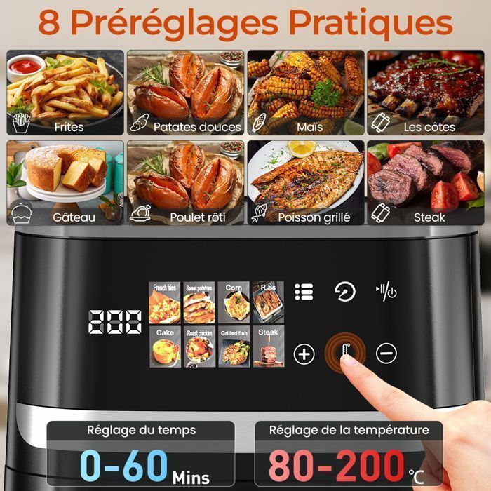Heißluftfritteuse, 7 Liter Fassungsvermögen, 8 Programme, bis zu 85 % weniger Fett, Garfenster, Touchscreen