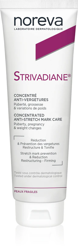 Creme corporal concentrado antiestrias Noreva Strivadiane para o cuidado de estrias.