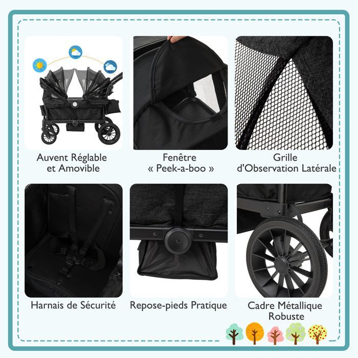 GOPLUS Poussette Double Pliable pour Bébé,Landau à 2 Places avec Roues Tout-terrain,Canopée Pliable,Poignée Réglable,Noir