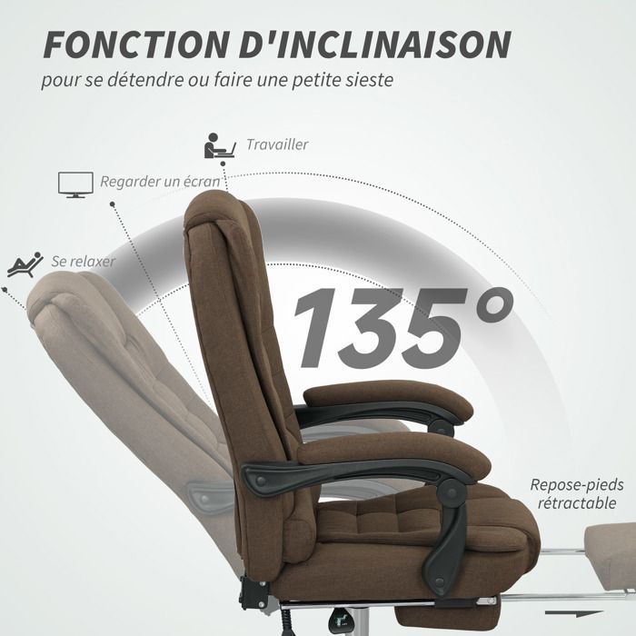 Office chair - Vinsetto - adjustable height, reclining backrest and footrest - linen-look fabric - 65x70x118cm - brown