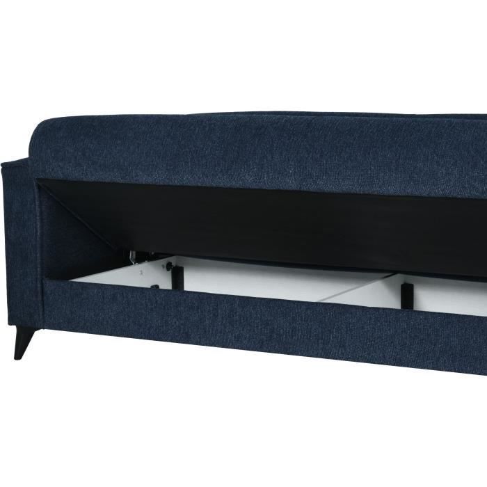 Canapé convertible 3 places - BERGAMO - Tissu bleu foncé - 2 coussins - coffre de rangement -  230 x 85 x 89 cm
