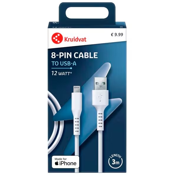 Kruidvat 8-pinski kabel za punjenje<br>bijeli, 3m