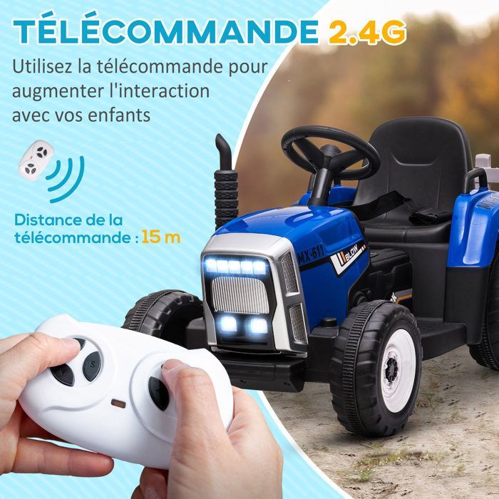 Tractor eléctrico HOMCOM con remolque desmontable, mando a distancia, reproductor de música MP3, pantalla y luces, para niños de 3 a 6 años, color azul.