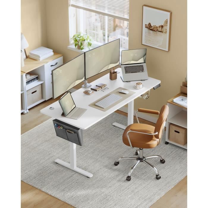 Escritorio eléctrico regulable en altura, 70 x 160 x (72-120) cm, 4 ajustes de altura con memoria, bolsa de almacenamiento, blanco nube.