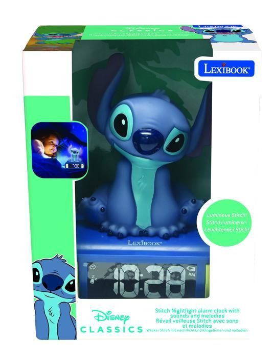 LEXIBOOK - Stitch Night Light Alarm Clock - Sounds and Melodies, Backlit and Bright LCD Screen - Blue